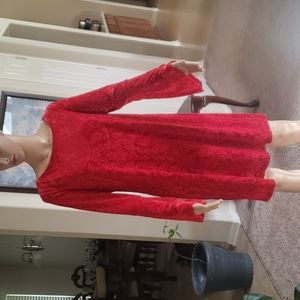 Beige M bell sleeve scoopneck embossed velvet shift dress